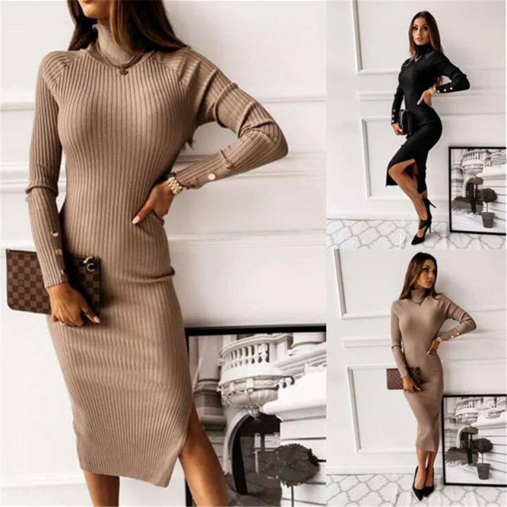 

Knitted Bodycon Dress for Women O Neck Backless Slim Womens Dresses Solid Color Split Femme Robe