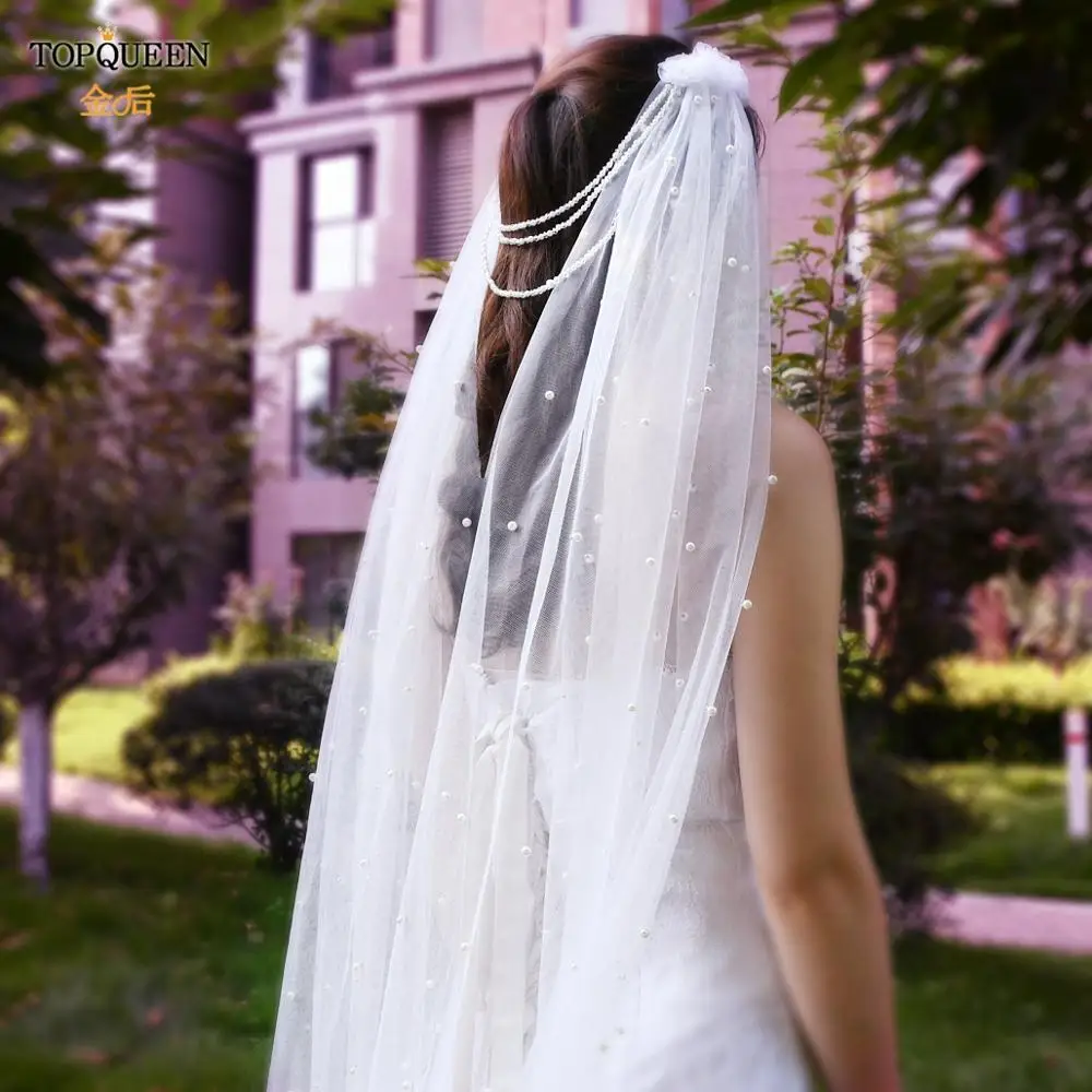 

TOPQUEEN V03 Bridal Veil 1.4M Single layer with Pearls and Flowers White Ivory Wedding Veil for Women 2020 New Arrival