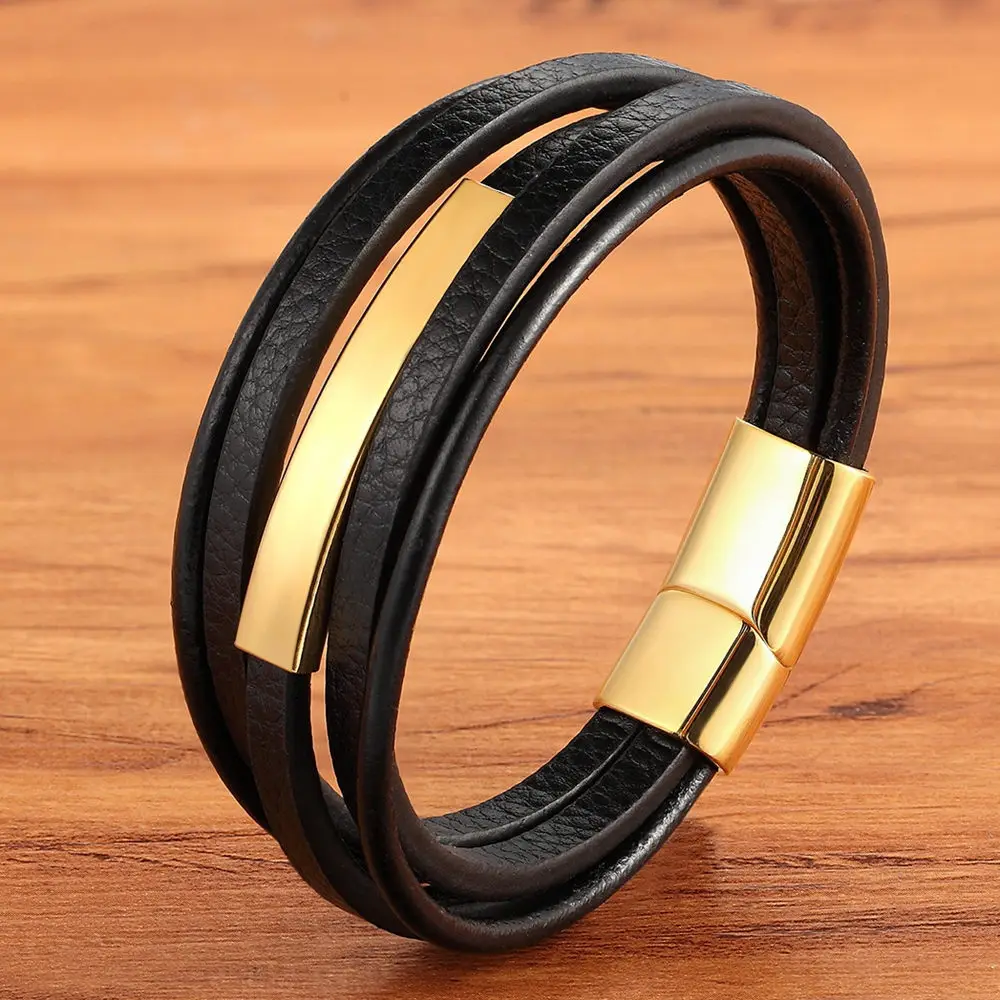 Black with Gold Геометрический Набор принадлежностей из нержавеющей стали кожаный мужской браслет классический многослойный роскошный стиль для красивых мальчиков подарок - Окраска металла: Black with Gold