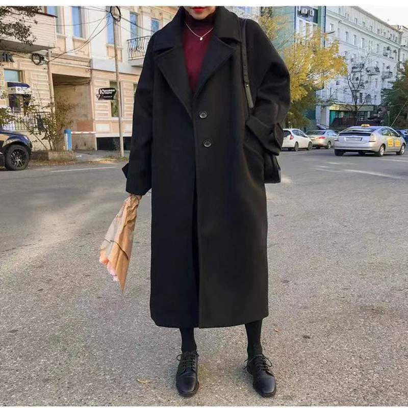 Woman Long Coat Fashion Korean Preppy Style Retro Versatile Windbreaker Casual Warm Wool Coat Oversize 2021 Autumn Women's Coat long black puffer