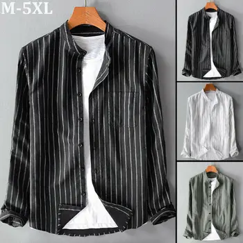 

New Men's Striped Cotton Linen Long-sleeved Shirt Fashion Men Slim Fit Shirt Casual Button Down Shirt Top Tee M-5XL