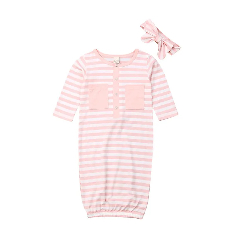 Pink Новые Детские спальные мешки, 2 предмета, Полосатое Пеленальное Одеяло, хлопковый спальный мешок для новорожденных мальчиков и девочек, комплект одежды для сна+ повязка на голову - Color: Pink