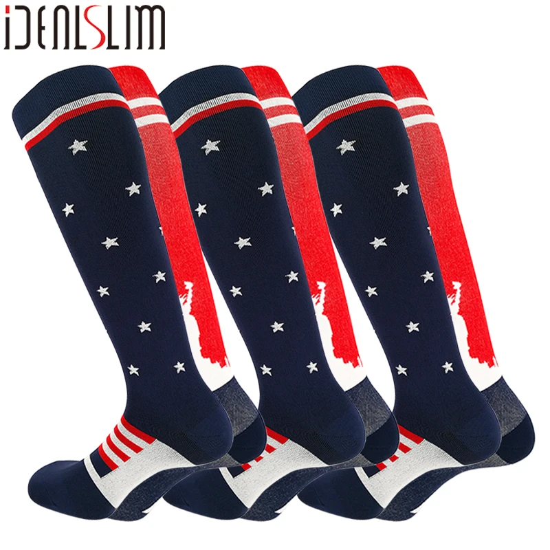 Navy IDEALSLIM 3 Pairs Compression Cycling Socks Class 2 Women Long Socks Camping Hiking Climbing Sports Socks - Цвет: Navy