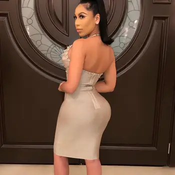 

High quality khaki Dress 2020 Studded V Neck Sexy rayon Bodycon Celebrity Club Evening Naked Dress