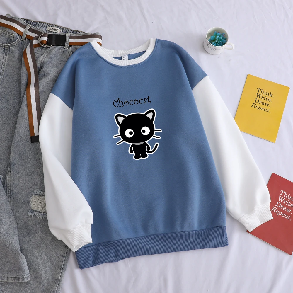CHOCOCAT, толстовки, женская уличная одежда, повседневный флисовый цветной пуловер с круглым вырезом, Harajuku Kawaii, толстовка с рисунком черного кота