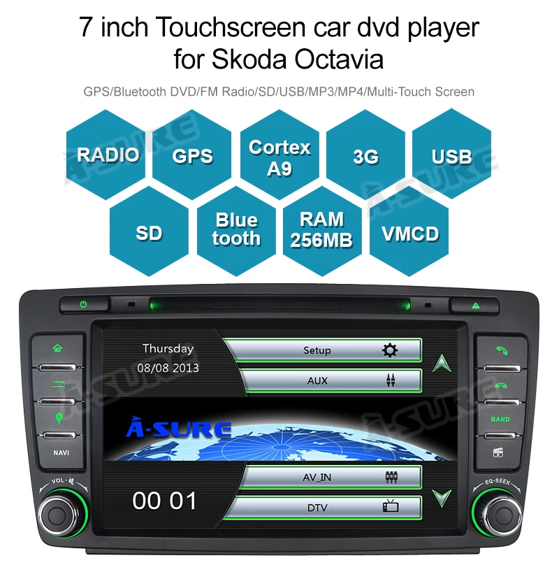 Sale A-Sure 2 Din 7 Inch Car Radio DVD player Stereo GPS Navigation For SKODA Octavia Yeti Fabia 2009-2013 Bluetooth RDS CANBUS 4
