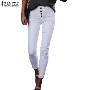 

ZANZEA 2020 Summer Women Pants Casual Solid Buttons High Waist Trousers Elastic Bottoms Harem Pantalones Streetwear Oversized