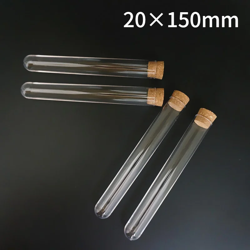 5 unids/lote 20x150mm de plástico transparente de fondo redondo tubos de ensayo con tapón de corcho para la escuela de laboratorio