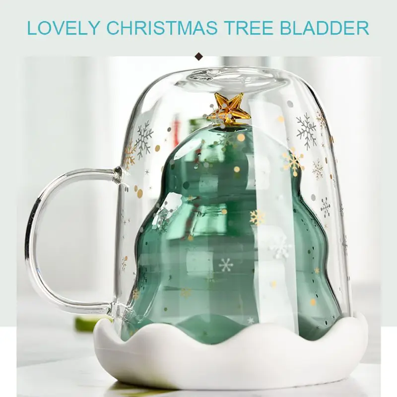 300ml Christmas Tree Double Layer Glass Mug Heat Insulating Handle Cup Resistant Milk Tea Coffee Cup New
