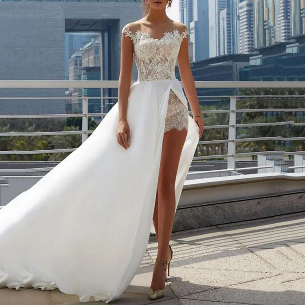 

White Prom Dress Scoop Neck A Line Floor Length Sleeveless Split Front Appliques Women Evening Party Gowns Prom Dresses