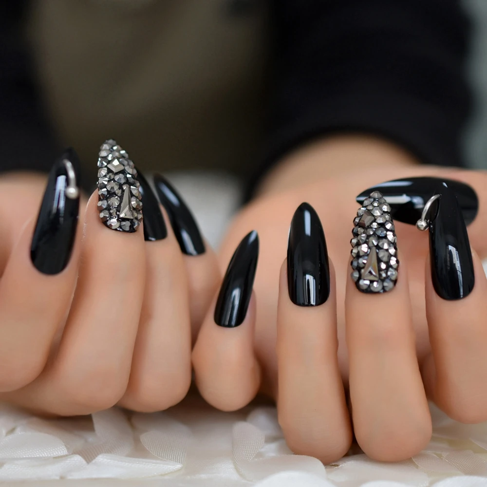 Handmade Studs Fake Nails Strass Luxury Nail Black Extra Long Stiletto