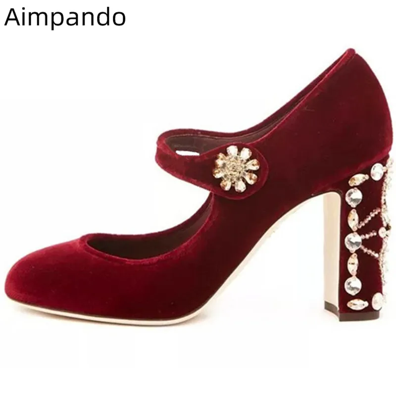

Luxury Crystal Heel Pumps Woman Round Toe Narrow Buckle Ladies Mary Janes Shoes Chic Square Heel Decor Diamond Shoes Woman 42
