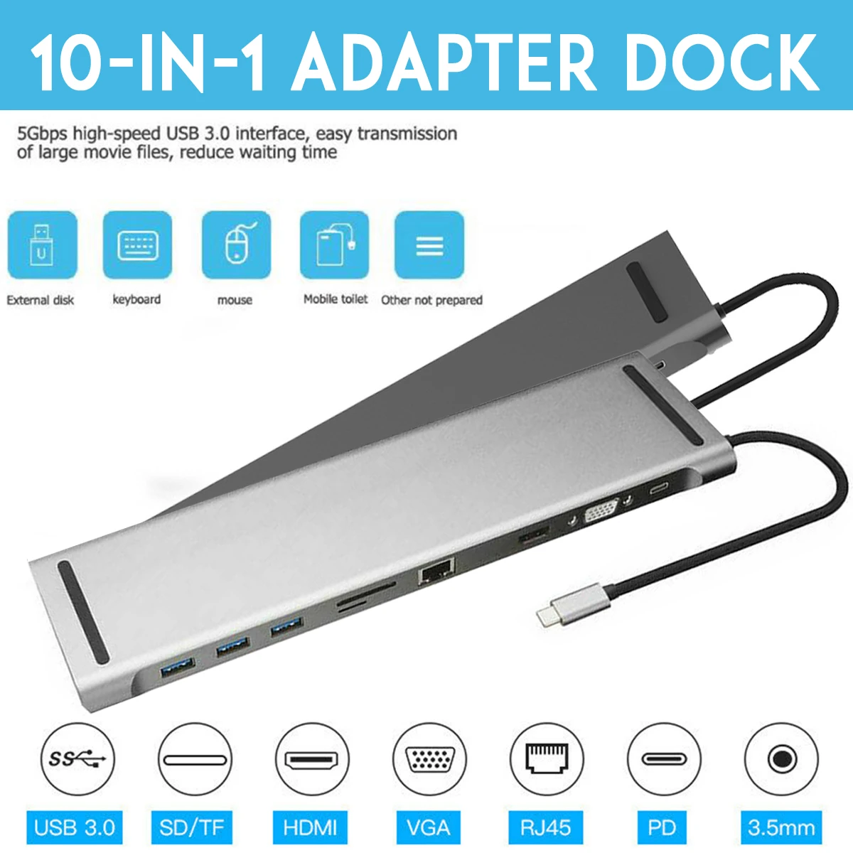 

10-in-1 Type C for Hub to HDMI 3xUSB 3.0 RJ45 Adapter Dock For Laptop Mobile Phone