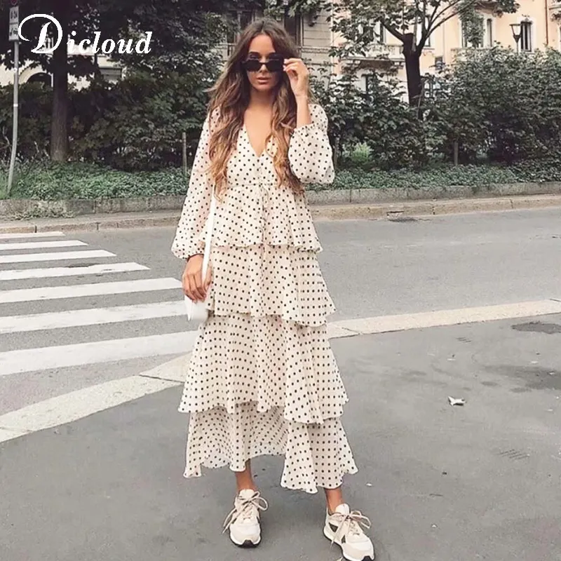 DICLOUD Vintage Polka Dot Long Dress Women Autumn Winter Ruffle Long Sleeve V Neck Elegant Maxi Party Dresses Ladies Clothing