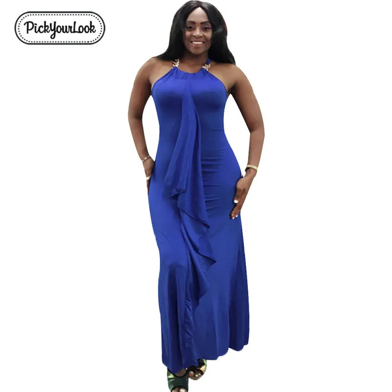 

Fashion Women Dress Plus Size Metal Halter Dress Party Night Long Dress Designed Vintage Ladies Maxi Dresses Femme Jupe D30