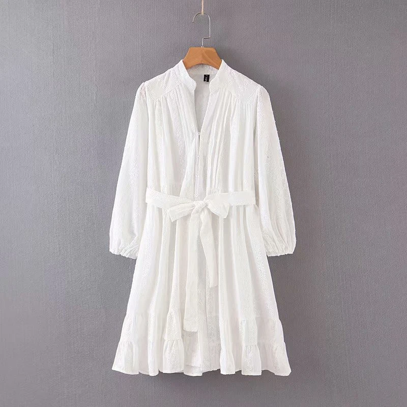 Vintage chic women white lace beach Bohemian mini dress Ladies v-neck wrist cotton Boho dress vestidos