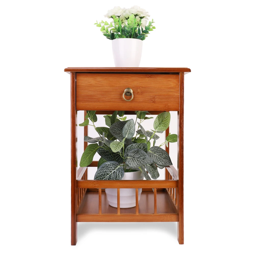 Bamboo Bedside Table with Drawer Bedroom Nightstand Plant Storage Shelving Unit - 3