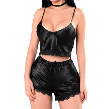 

New Sleepwear Set ladies Patchwork lace Seamless Fashion Women Sexy Satin Silk Lace V-neck Camisole Shorts Lingerie Pajamas