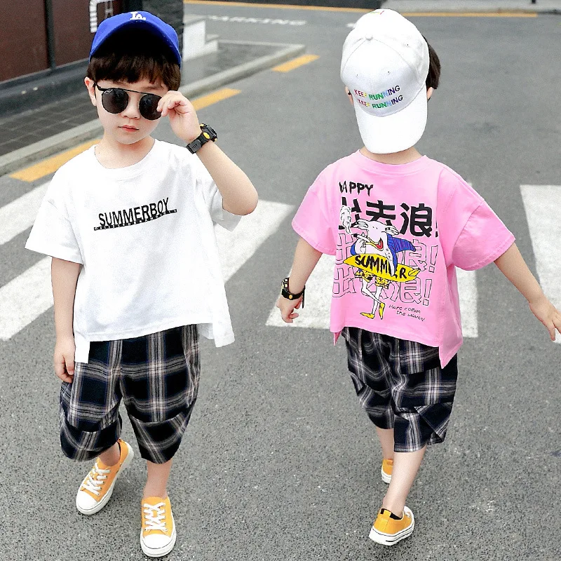 

2019 Children Summer New Style Set Korean-style Plaid Pants Lettered Cartoon Short Sleeve Two-Piece Set Big Boy Fashion-