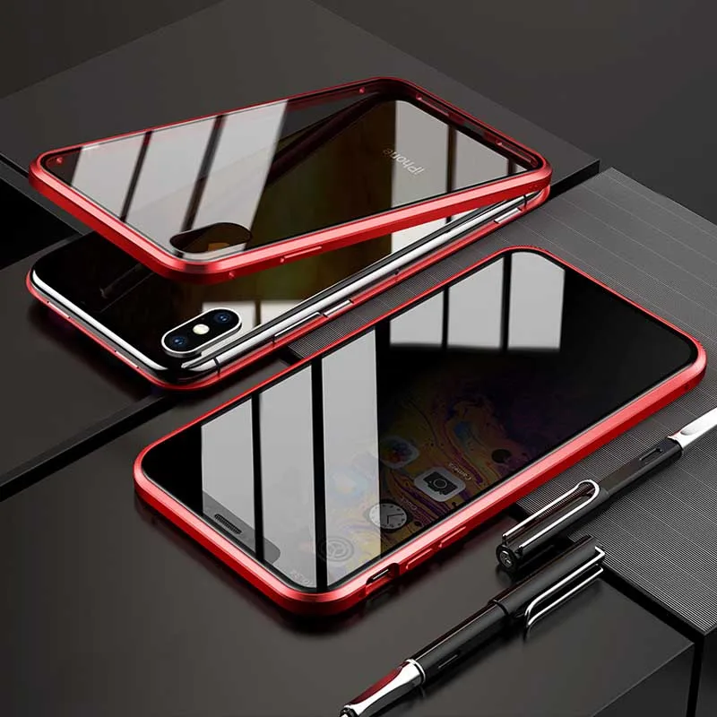 Защитите надежное закаленное стекло+ Магнитный чехол для телефона iPhone 7 8 Plus X XS MAX XR Fundas металлический бампер Двусторонняя стеклянная крышка - Цвет: Красный