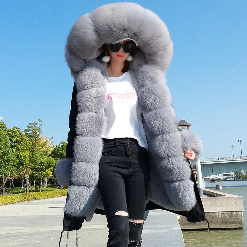 Luxury big fox fur collar hooded Warm winter jacket for 40 degree winter coat women parka Real Fox Fur Collar Cuff Hooded Coat