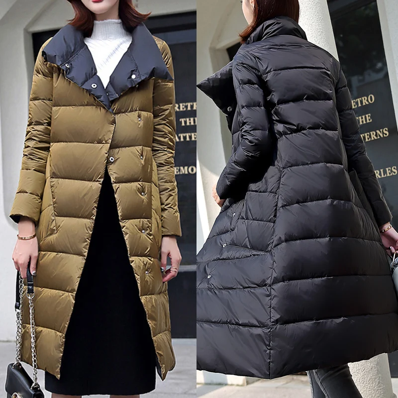 Double Sided Women's Down Jacket Long Winter Turtleneck White Duck Down Coat Female Double Breasted Plus size Warm Plaid Parkas - Цвет: Golden and black