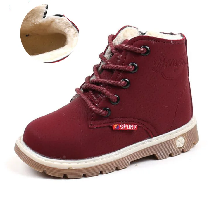 Wine red with plush Осенне-зимние ботинки для маленьких мальчиков, размер 21-30 Нескользящие зимние ботинки на резиновой подошве ботильоны с боковой молнией на шнуровке для мальчиков - Цвет: Wine red with plush