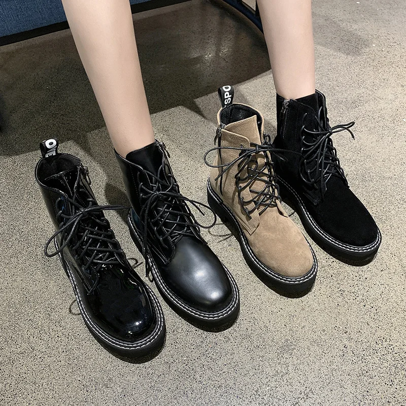 

Lolita Boots Rock Shoes Woman Booties Ladies Round Toe Lace Up Low Heels booties Luxury Designer Martins Mid Calf 2019 Black