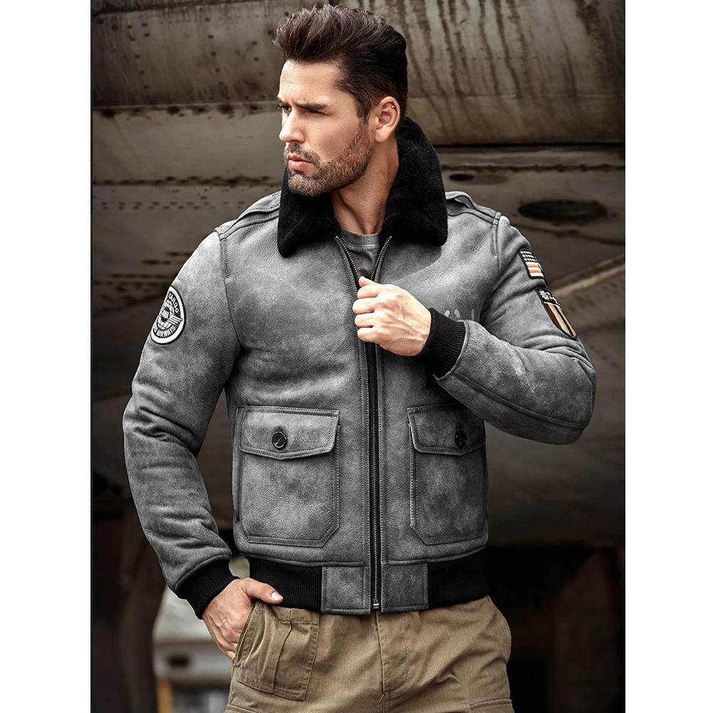 Mens Gray Sheepskin Shearling Jacket Leather Jacket A2 Airforce Flight Coat Mens Winter Fur Jacket