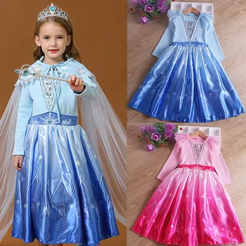 

Inspired From Queen Elsa 2 Movie Princess Dress Girls Blue Pink Elza Cosplay Costume Halloween Party Wear Kids Snowflake Clothes