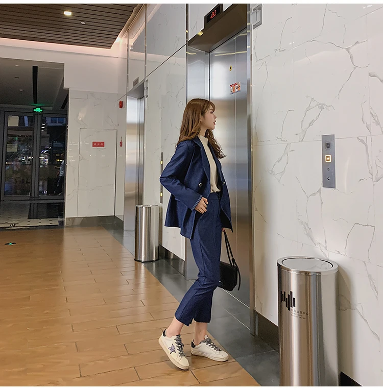 SHIJIA Woman Suit Pant Blue Silid Jacket Blazer& Harem Pant 2 Piece Set Blue Suit Female Street Wear Spring Autumn