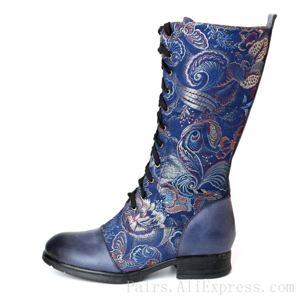 

Blue Genuine Leather Calf Boots Women Hand-made Embroidery Shoes Short Plush Warm Riding Boots Big Size 36-42