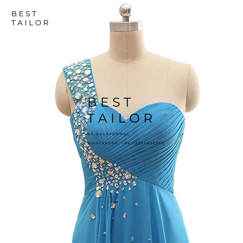 long sleeve prom dresses Blue Prom Dresses 2021 Beads Crrystals One Shoulder Lace Up Long Prom Gowns Turquoise vestido de fiesta largos noche robe soiree ball gown dress