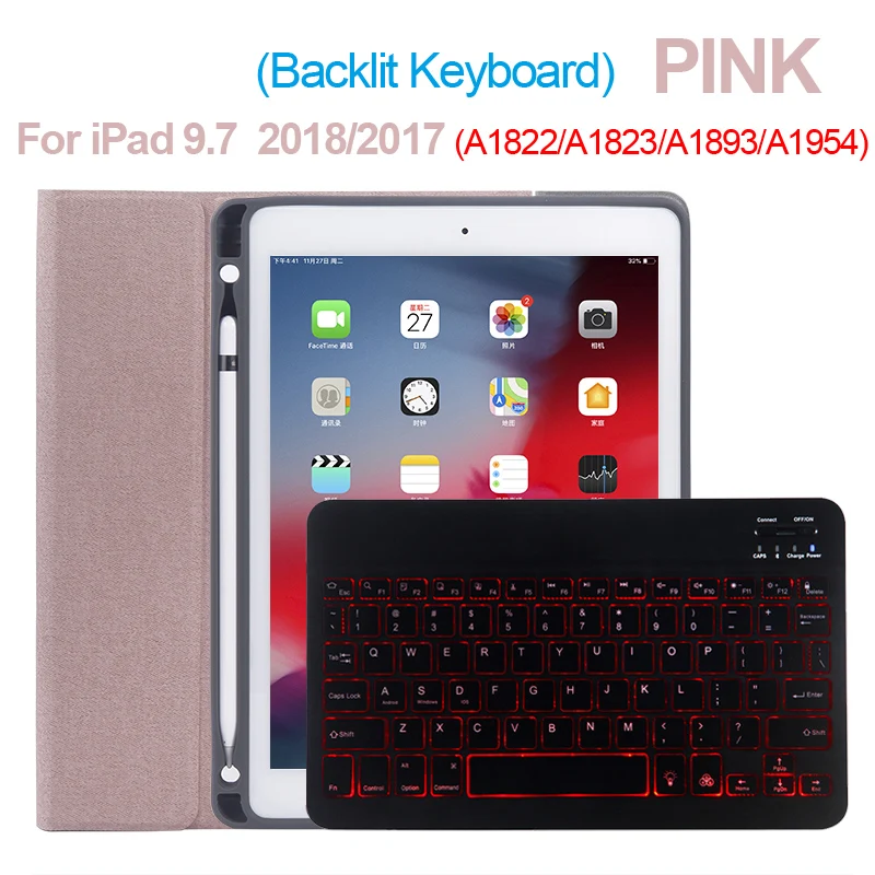 Pink 17 18 SC Верхняя откидная клавиатура с подсветкой для Apple iPad 9,7 5-го 6-го поколения, чехол с Bluetooth клавиатурой для iPad Air 1 Air 2 5 6, чехол - Цвет: Pink 17 18 SC