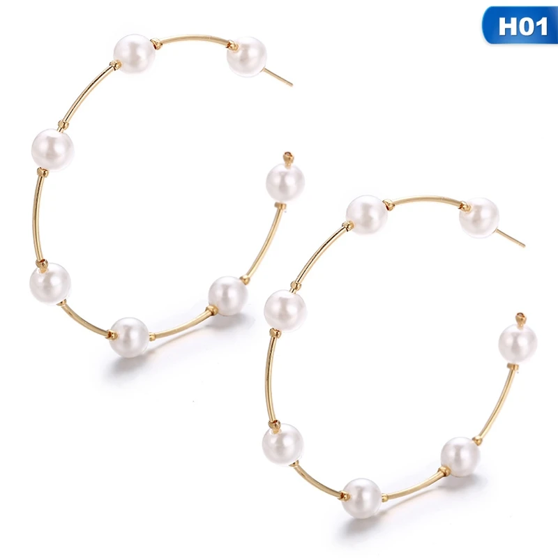 Boho Белый Искусственный жемчуг круглый круг серьги-кольца женские золотые цвета большие серьги корейские ювелирные изделия Brincos массивные серьги