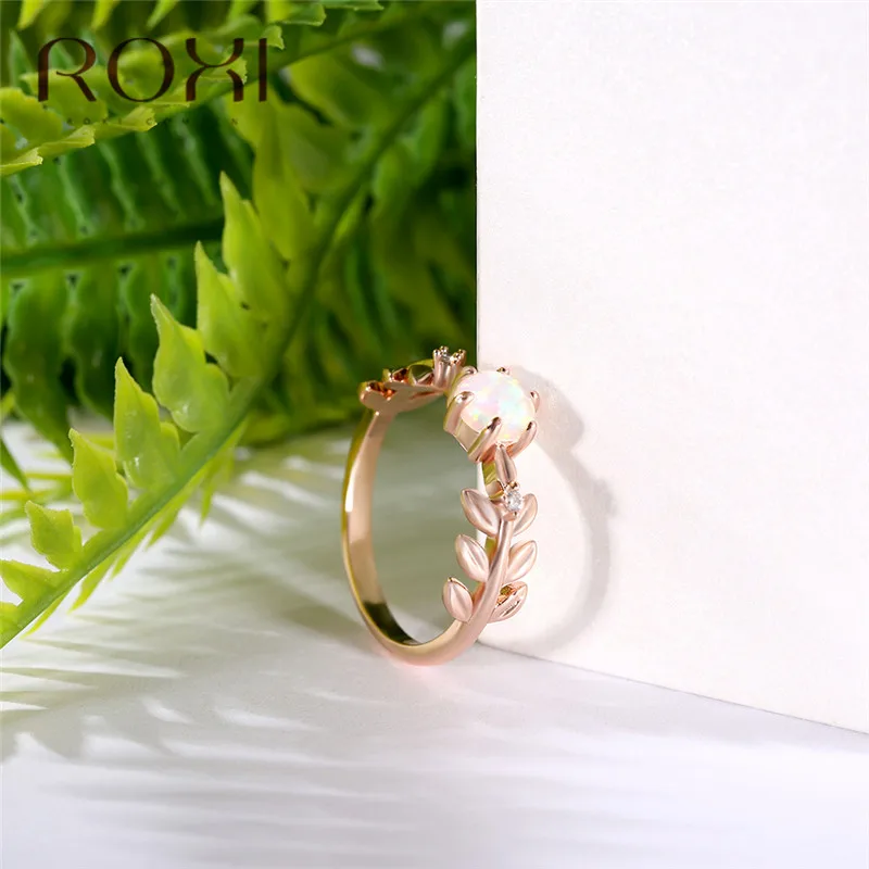 ROXI Cute Laurel Wreath Wedding Rings for Women Olive Tree Branch Leaves Finger Ring Knuckle Jewelry Fire Opal Crystal Rings