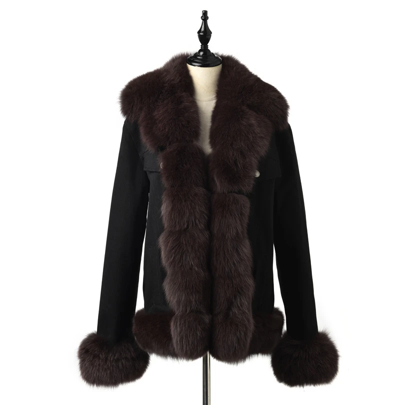 FURSARCAR Fashion Jean Jacket Real Fur Parka Women Winter Coat With Coffee Fox Fur Collar And Cuff Casual Warm Fur Parka