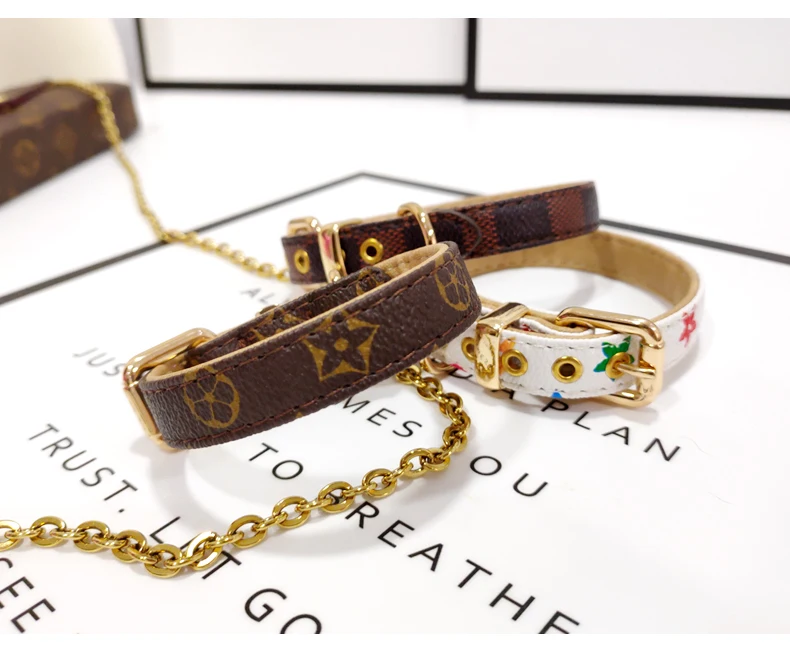 Wholesale Dog Collar Leash Classical 10pcs/lot Brown Flower Simple Designer Pet Collar Lead PU Leather Quality Buckle