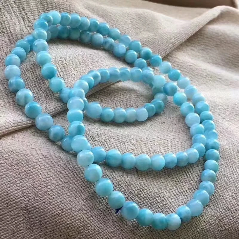 

6mm Natural Larimar Stone Women Men 3 Laps Round Beads Bracelet Party Water Pattern Reiki Gift AAAAA