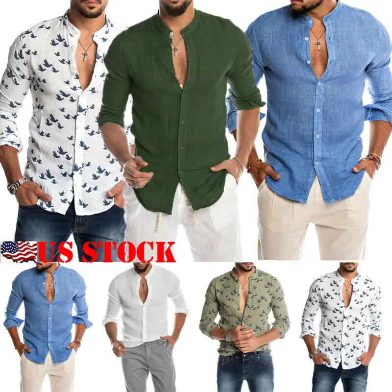 

New Men's Casual Shirt Slim Holiday Long Sleeve Stand Collar Shirt Top