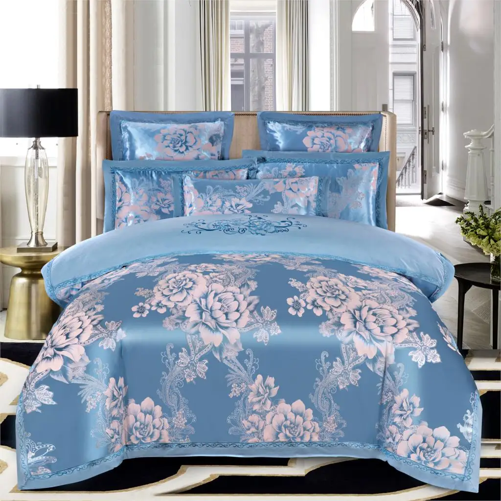 KELUO Luxury Wedding jacquard mulberry silk bedding 100%cotton Embroideredincluding duvet cover bed sheet pillowcase Bluea A1 - Цвет: Such as pictures
