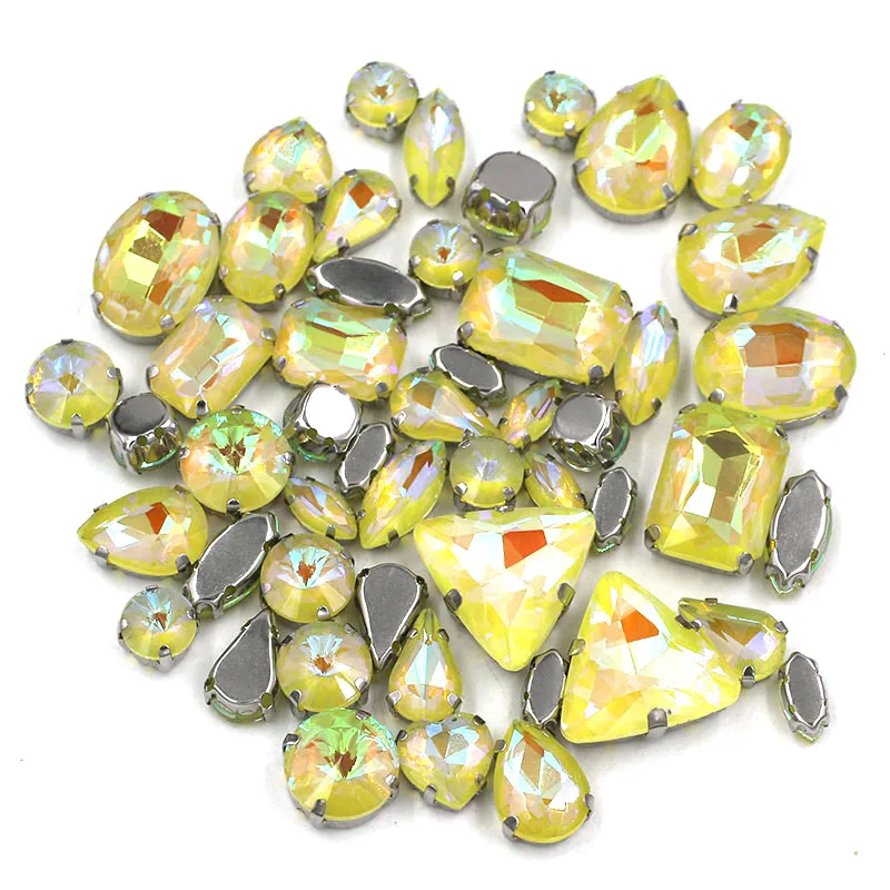 

Clothing accessories mixed shape Crystal Yellow AB Mocha glass crystal sewing rhinestones with silver base for dress/shoes