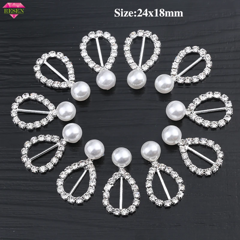 

RESEN 10PCS Flatback Drop Shape Rhinestone Buckles With Pearl Glass Sliver Crystal Buckle For Diy Hair Accessories