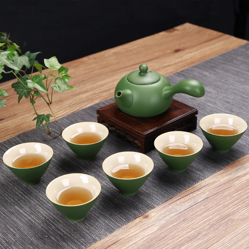 7 шт. ручной работы, керамический матовый однотонный китайский чайный набор для кунг-фу, скандинавский простой кофейник и чашка, чайник и чашка с анти-обжигающей ручкой - Цвет: 7Pcs A111