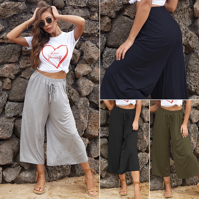 Trousers women's new solid color casual wide-leg pants women's summer high waist loose strap straight nine-point pants