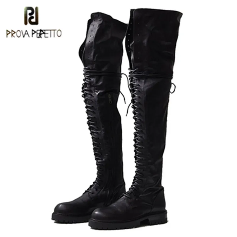 

Prova Perfetto New Black Over Knee Boots Women Block Heel Plus Female Zipper Sexy Waterproof Knight Motorcycle Botas Altas Mujer