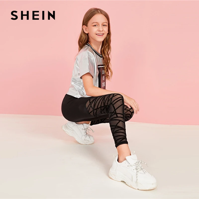SHEIN/черные обтягивающие леггинсы с сетчатой вставкой для девочек; детские штаны; коллекция года; осенняя одежда для активного отдыха; повседневные брюки с эластичной резинкой на талии