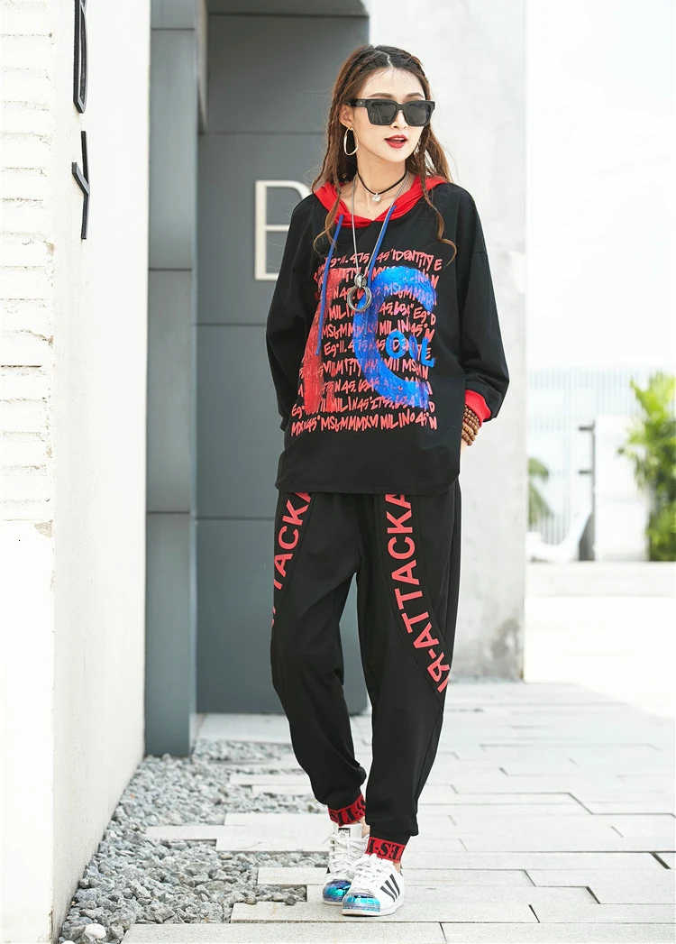 Max LuLu Autumn Fashion Korean Ladies Punk Tops Harem Pants Club Outfits Women Two Piece Set Printed Oversized Hooded Tracksuits