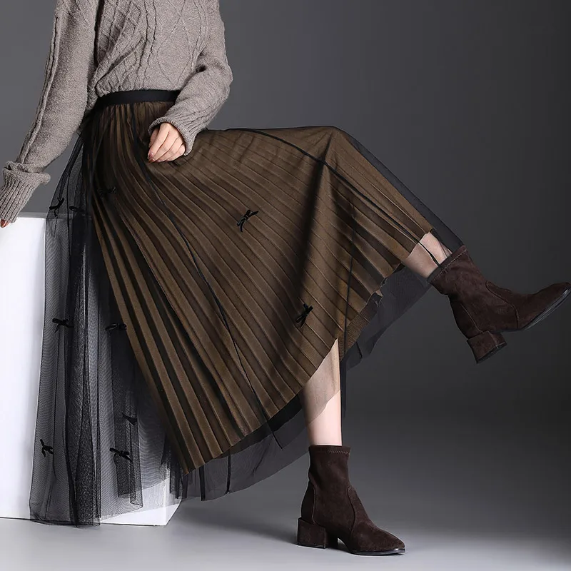 

Skirt Women Autumn and Winter New Slim A-line Pleated Skirts Long Style Mesh Faldas Largas Mujer