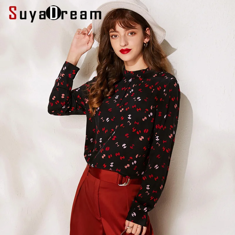 SuyaDream, женские шелковые блузки, шелк, креп, для офиса, леди, стоячий воротник, длинный рукав, с принтом, блузка, рубашка